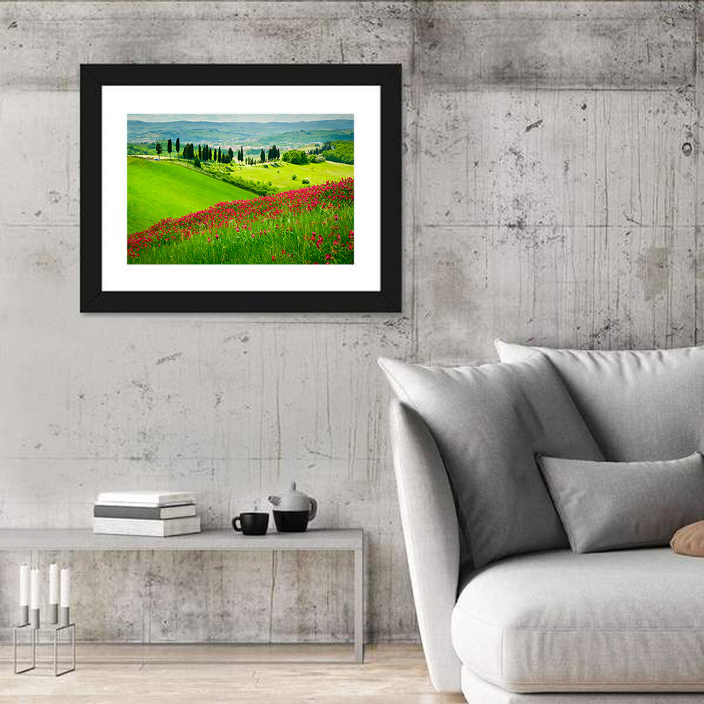 Tuscany Hill with Red Wildflowers Wall Art in a room, landscape