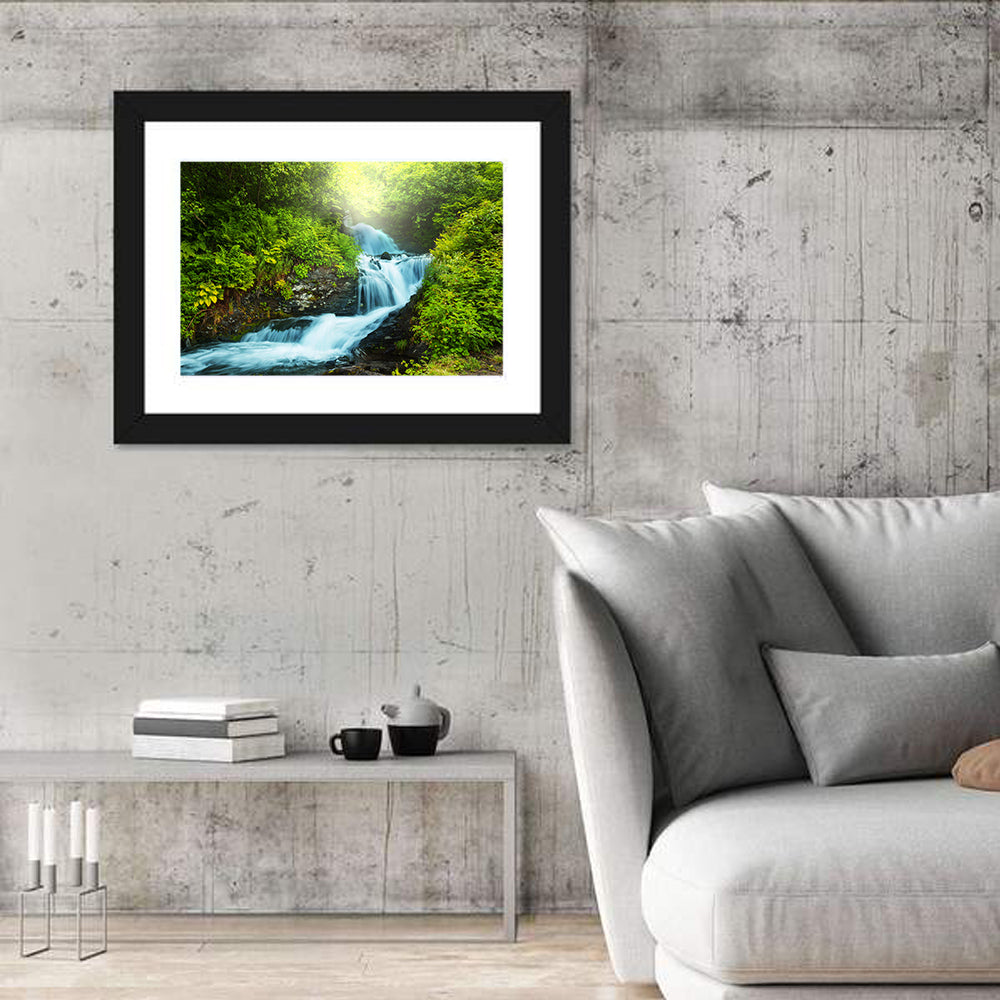 Forest Creek Waterfall Wall Art in a room, landscape