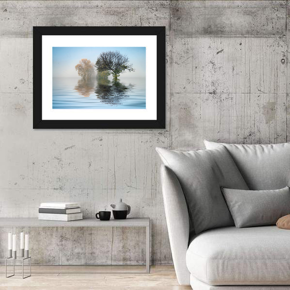 Misty Lake Reflection Wall Art in a room, landscape