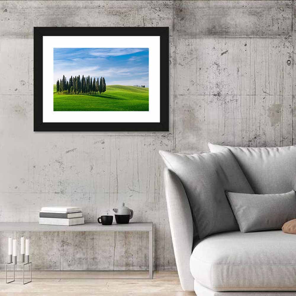 Tuscany Rolling Hills with Cypresses Wall Art in a room, landscape