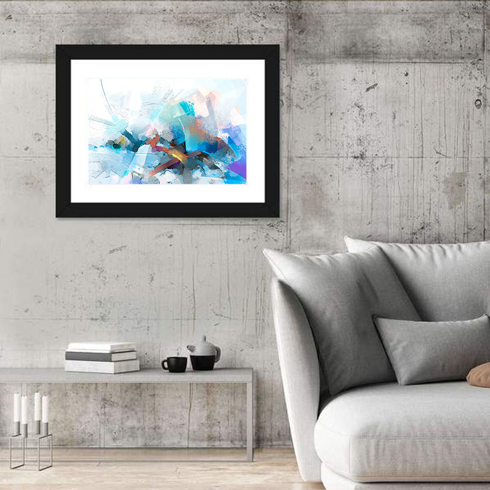 Colorful Brushstrokes with Geometric Planes Wall Art in a room, landscape