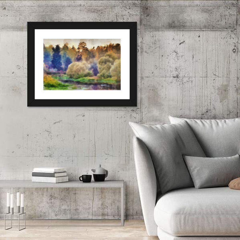 Misty Forest River Watercolor Wall Art in a room, landscape