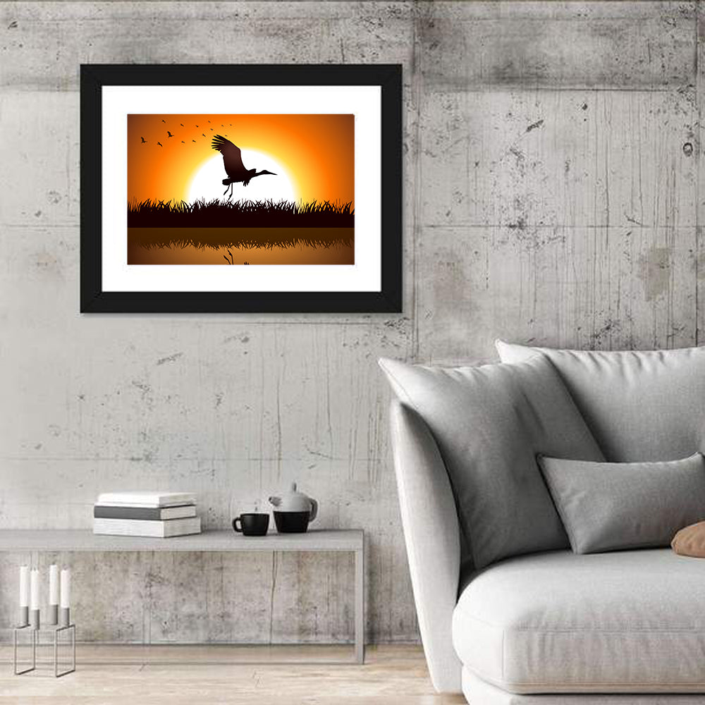 Stork Silhouette at Sunset Wall Art in a room, landscape