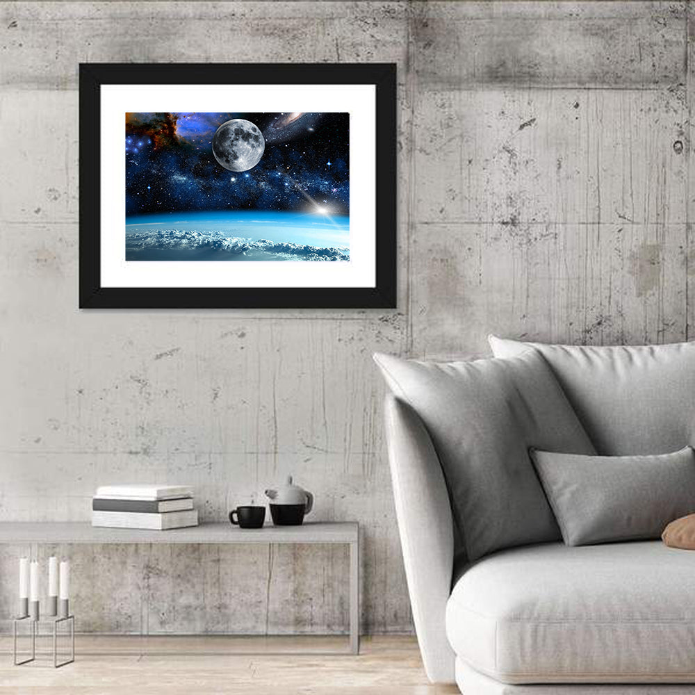 Earth and Moon Over Clouds Wall Art