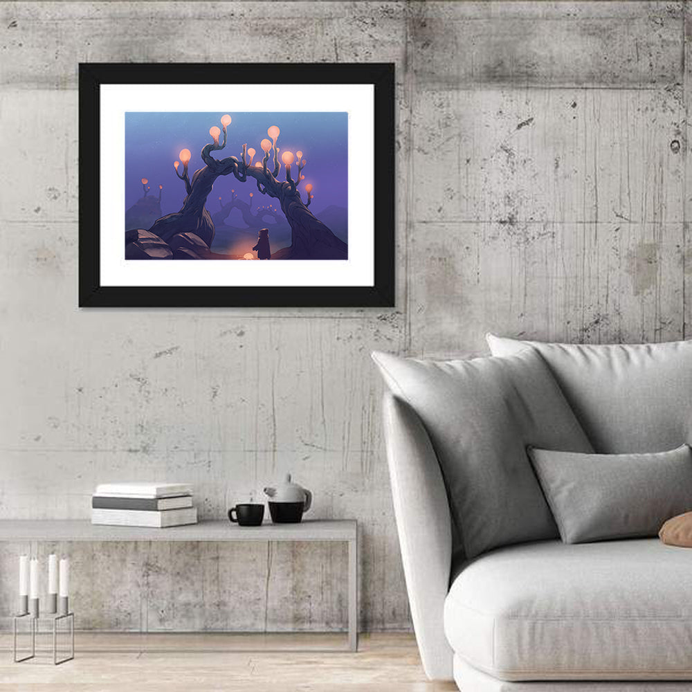 Glowing Archway in Surreal Forest Wall Art in a room, landscape