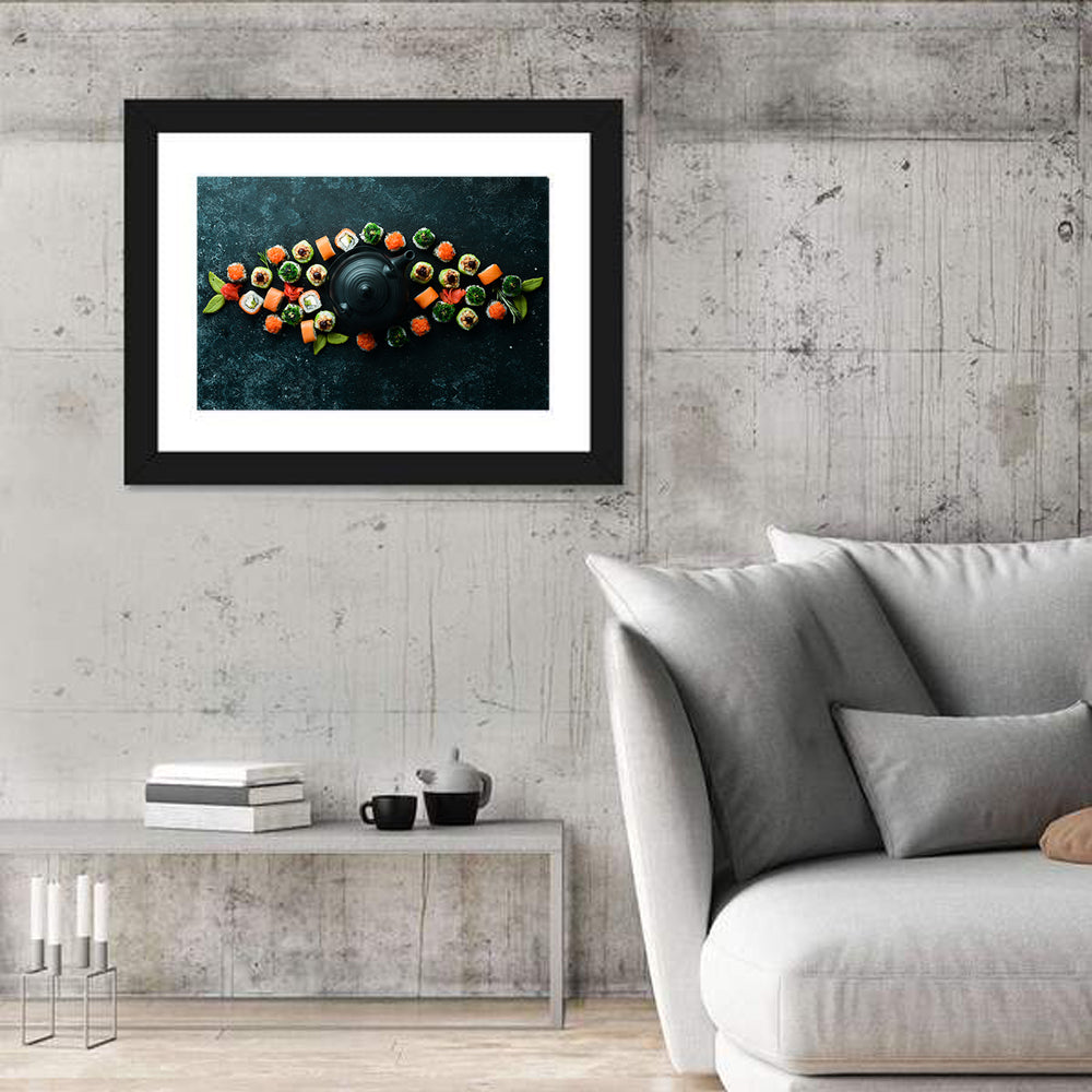 Sushi and Teapot Flat Lay Wall Art in a room, landscape