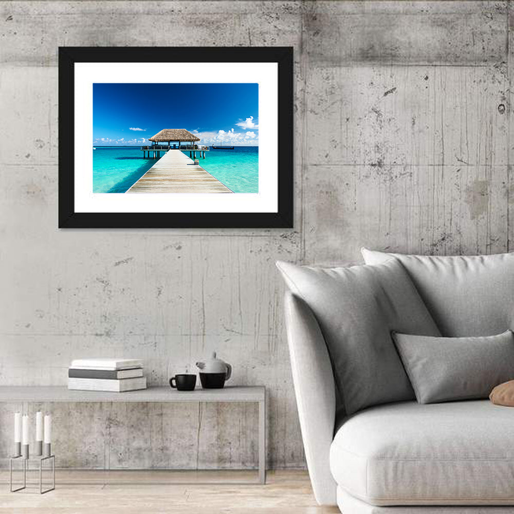 Maldives Wooden Jetty Over Turquoise Water Wall Art in a room, landscape