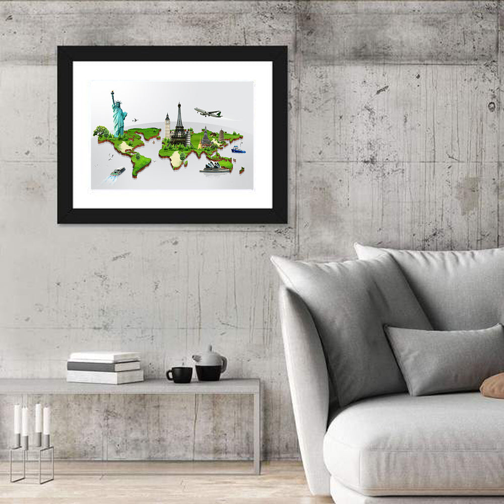3d World Monuments Map Wall Art in a room, landscape
