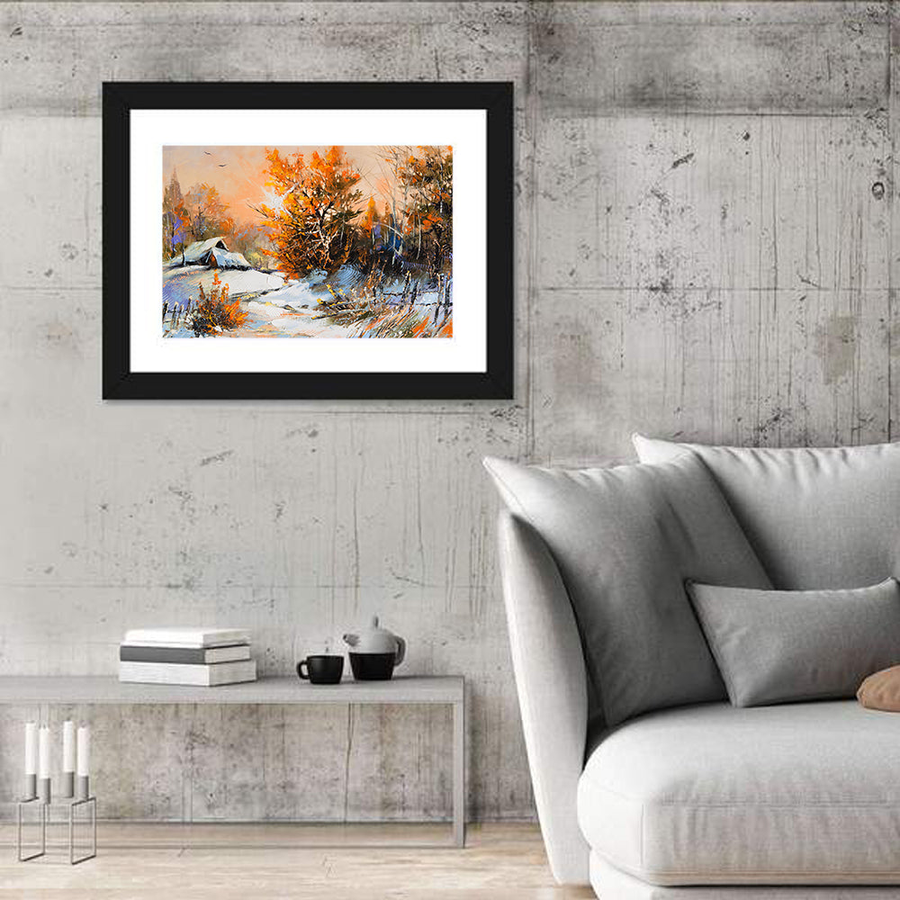 Winter Cottage Landscape Wall Art in a room, landscape