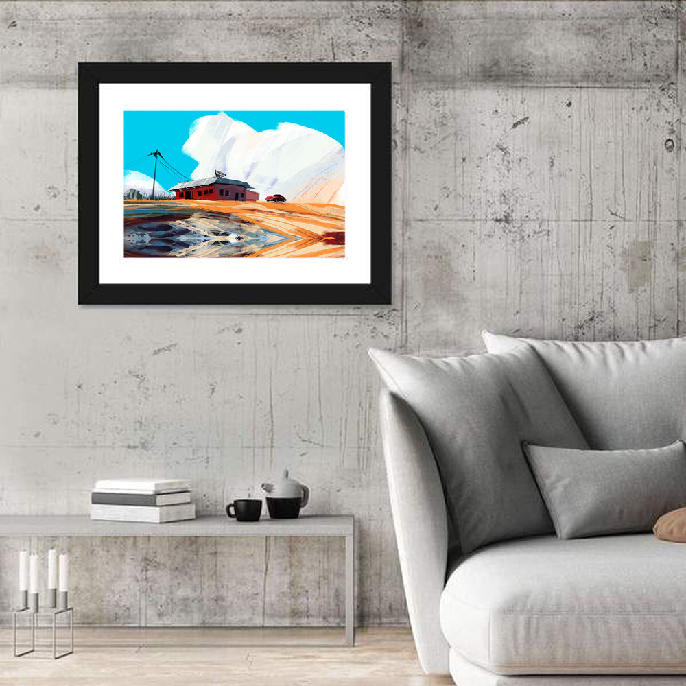 Red House in Desert Wall Art in a room, landscape