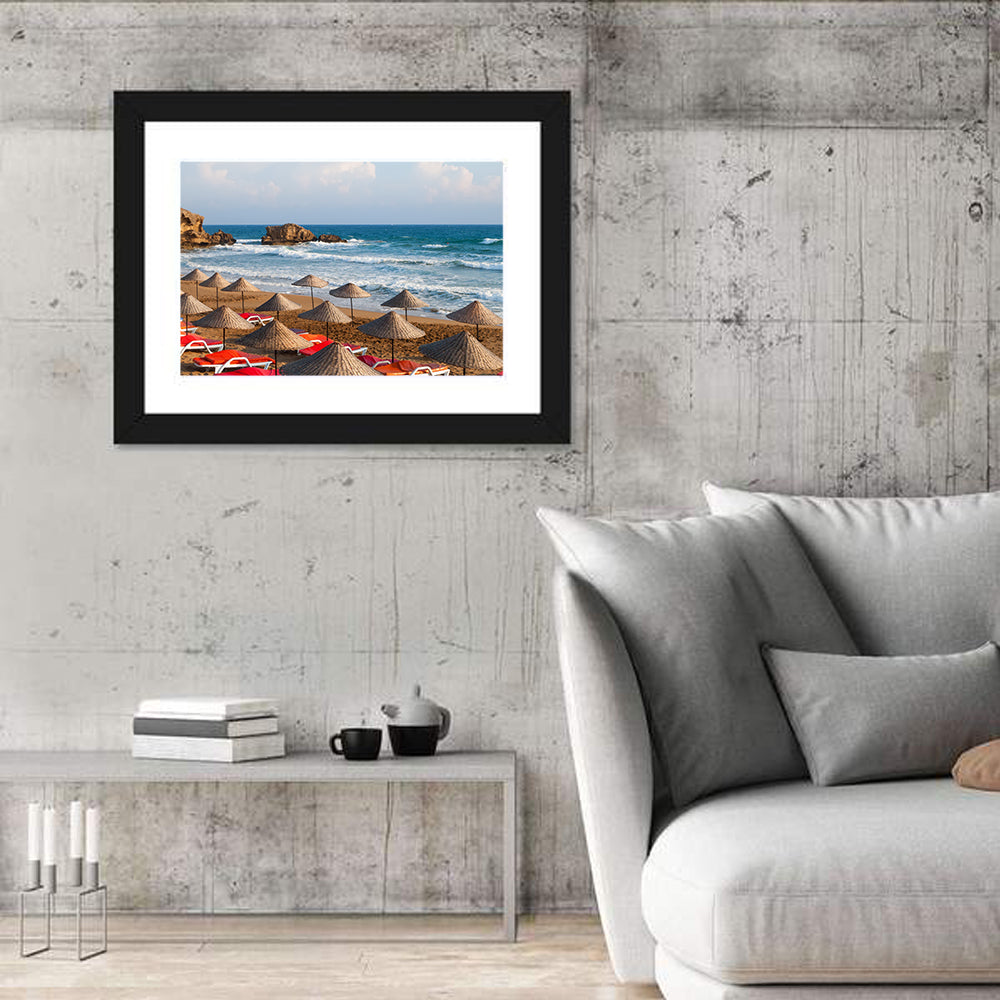 Straw Umbrellas on Sunny Beach Wall Art in a room, landscape