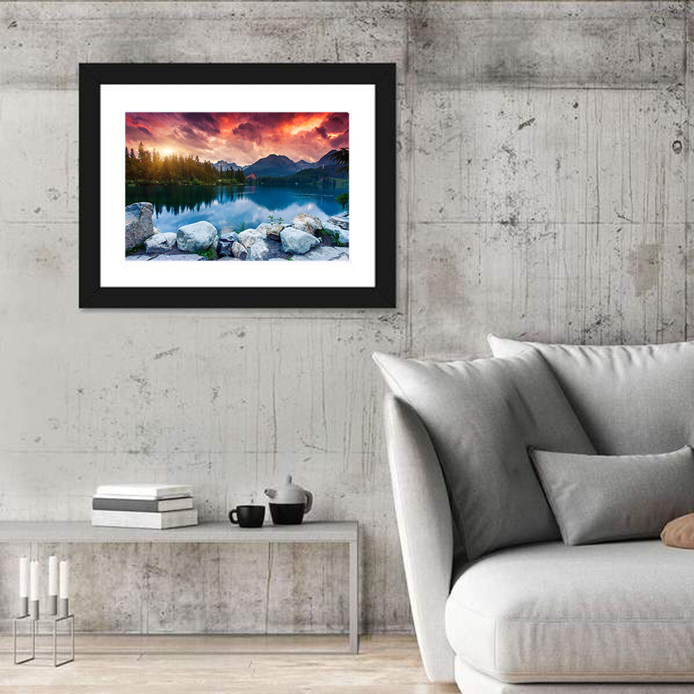 Sunset Over Štrbské Pleso Wall Art in a room, landscape