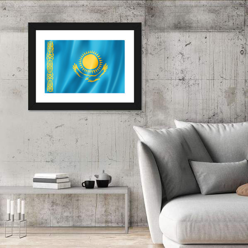 Kazakh Flag with Sun and Eagle Wall Art in a room, landscape