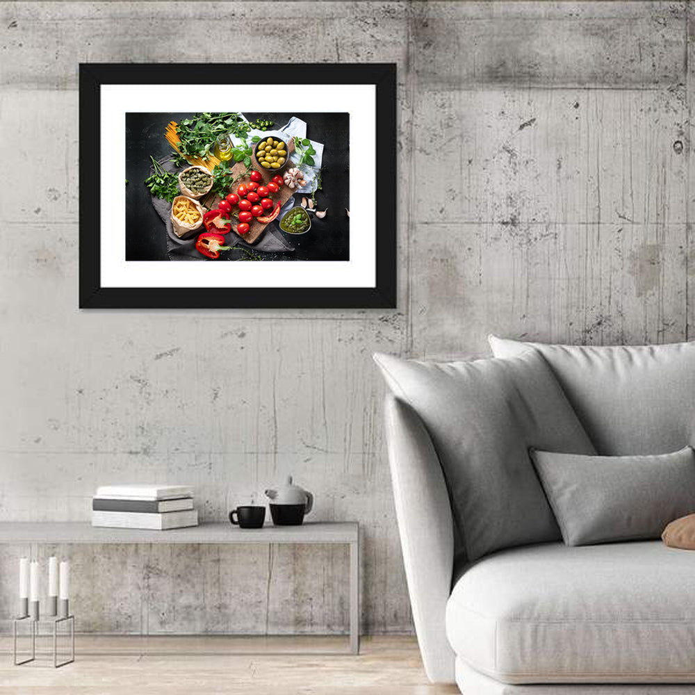 Italian Ingredients Flat Lay Wall Art in a room, landscape