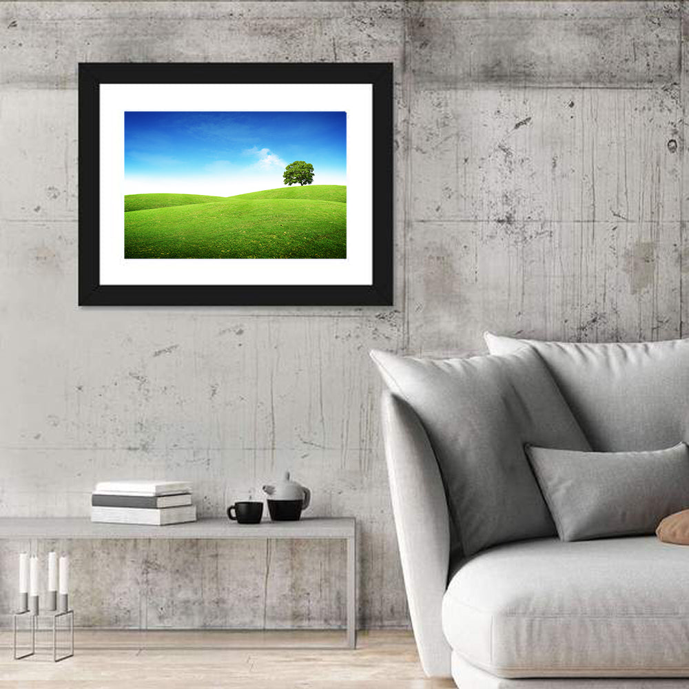 Lone Tree on Rolling Green Hill Wall Art in a room, landscape