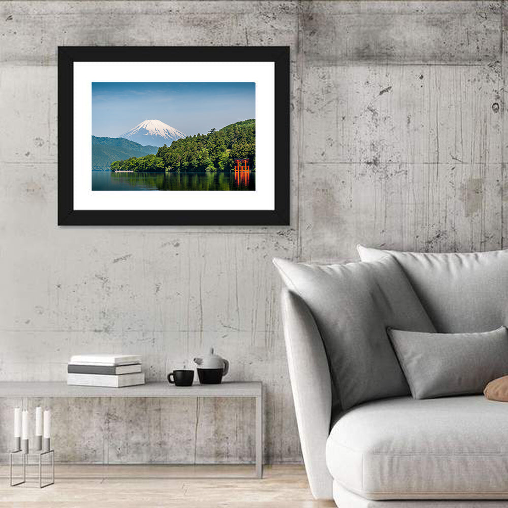 Mount Fuji Over Lake Ashi Wall Art in a room, landscape