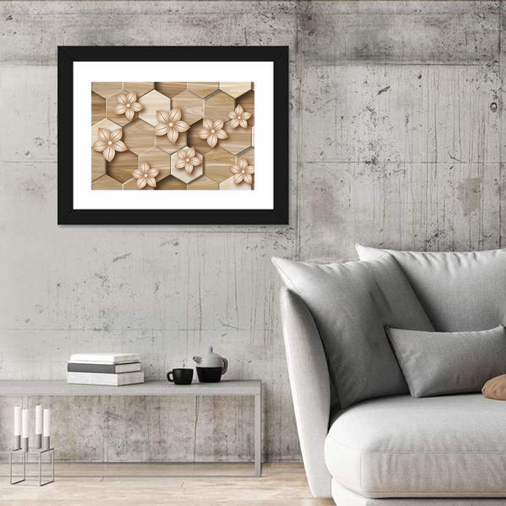 Wood Grain Honeycomb Floral Wall Art in a room, landscape