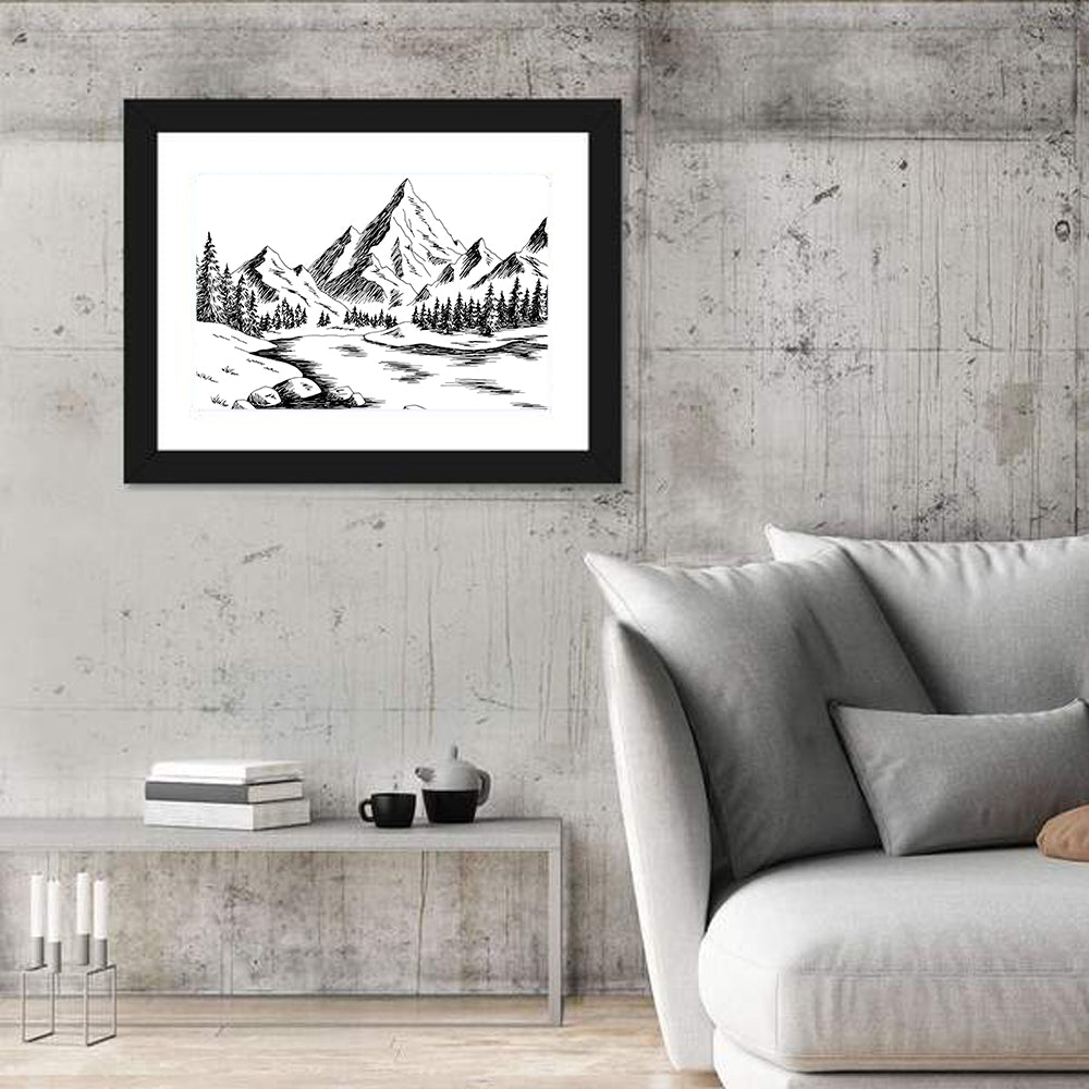 Monochrome Mountain Lake Sketch Wall Art