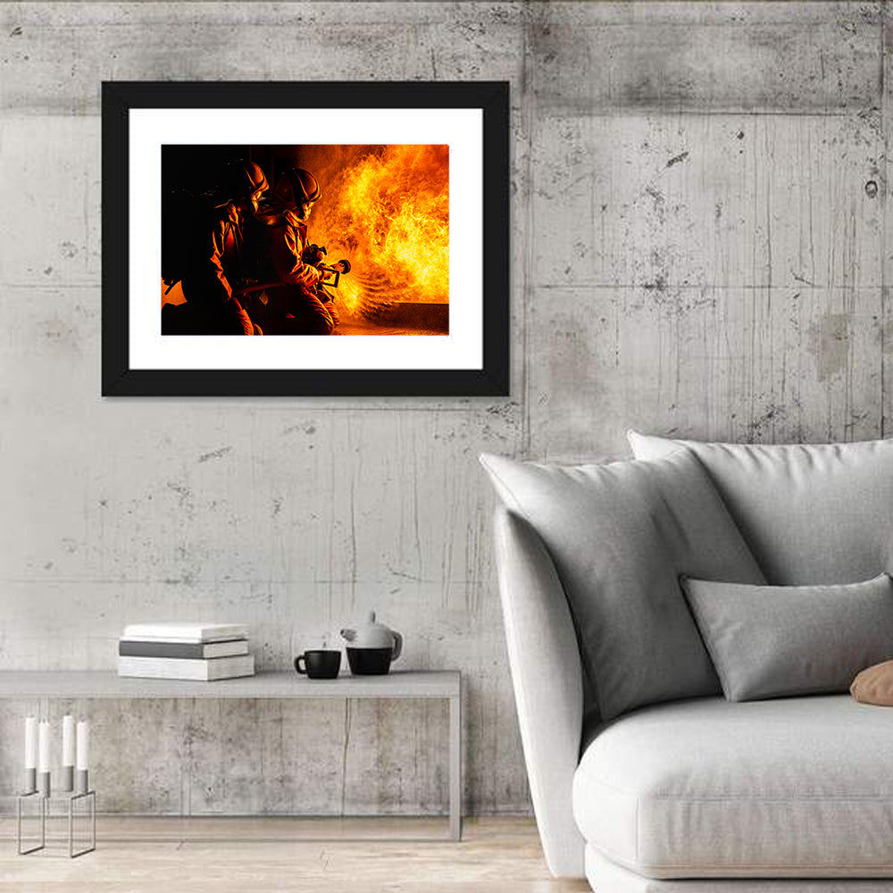 Firefighters Battling Flames Wall Art in a room, landscape