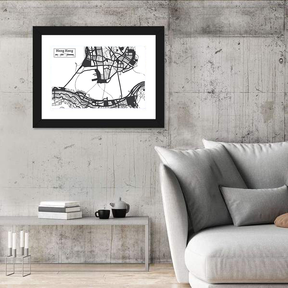 Hong Kong City Map Wall Art in a room, landscape