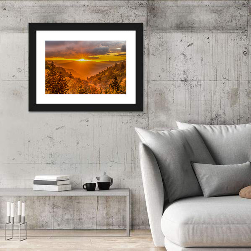 Great Smoky Mountains Sunrise Wall Art in a room, landscape