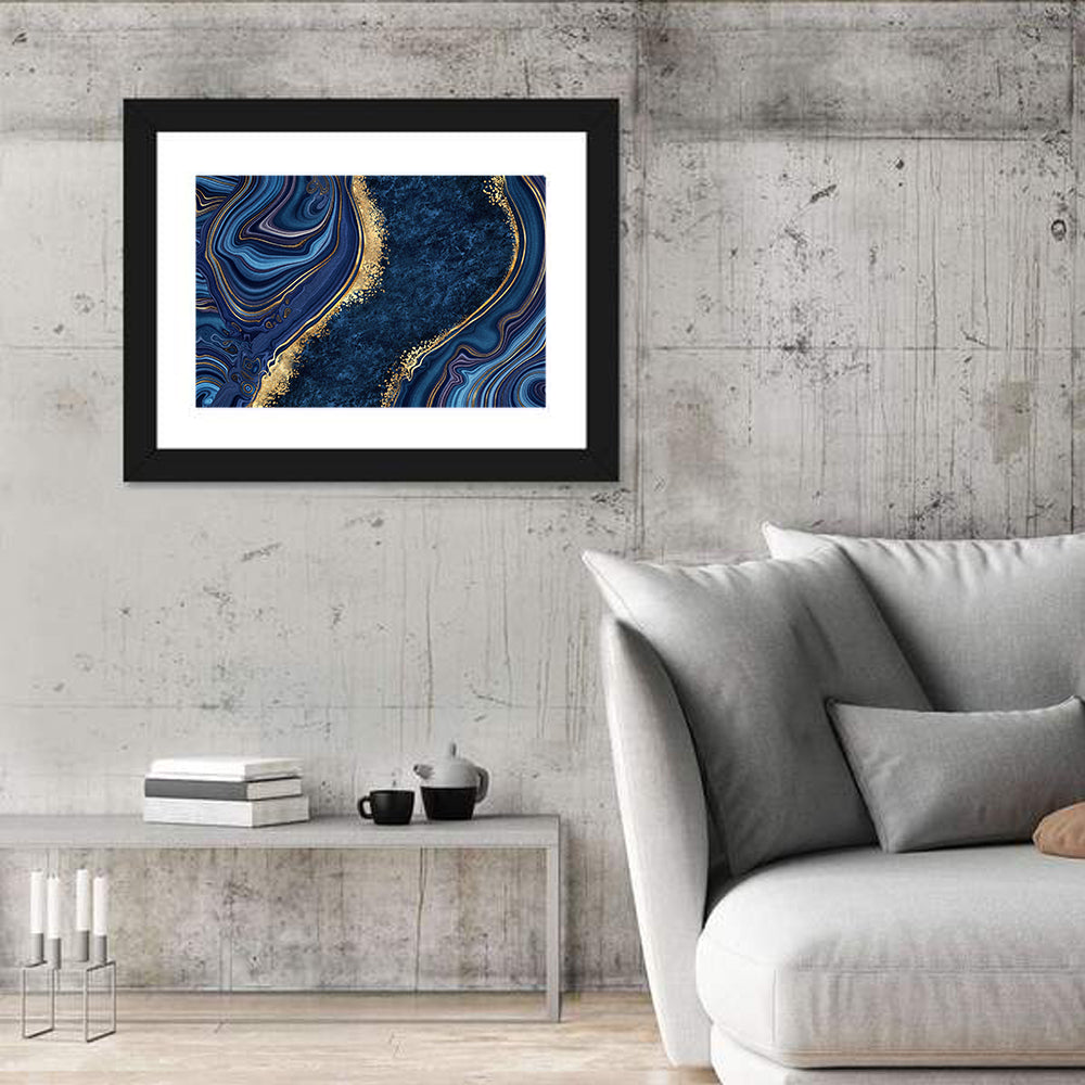 Diagonal Blue Marble with Gold Veins Wall Art in a room, landscape