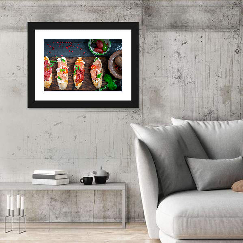 Bruschetta with Prosciutto and Olives Wall Art in a room, landscape