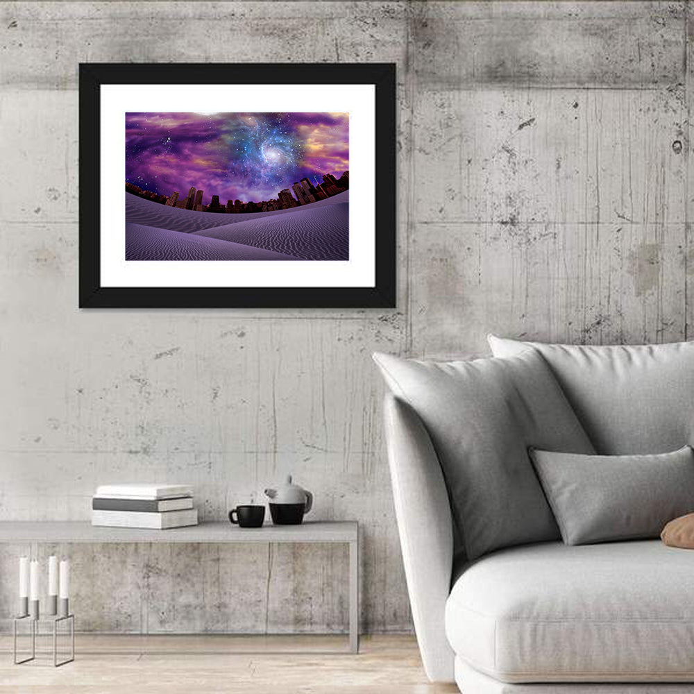 Cosmic Desert City Illustration Wall Art in a room, landscape