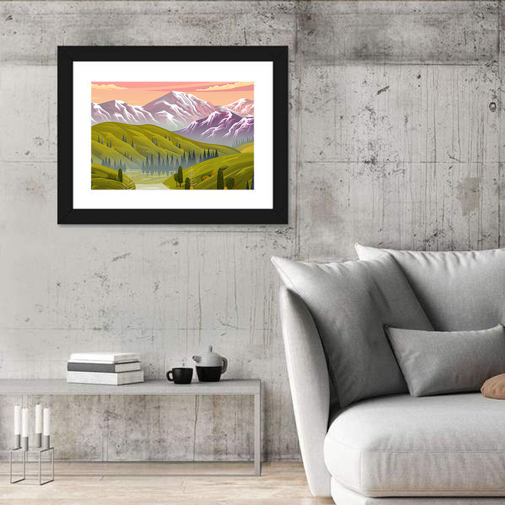 Sunset Over Mountain Lake Wall Art in a room, landscape
