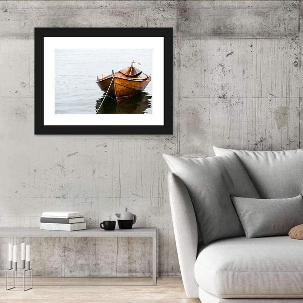 Tethered Wooden Rowboat on Calm Water Wall Art in a room, landscape