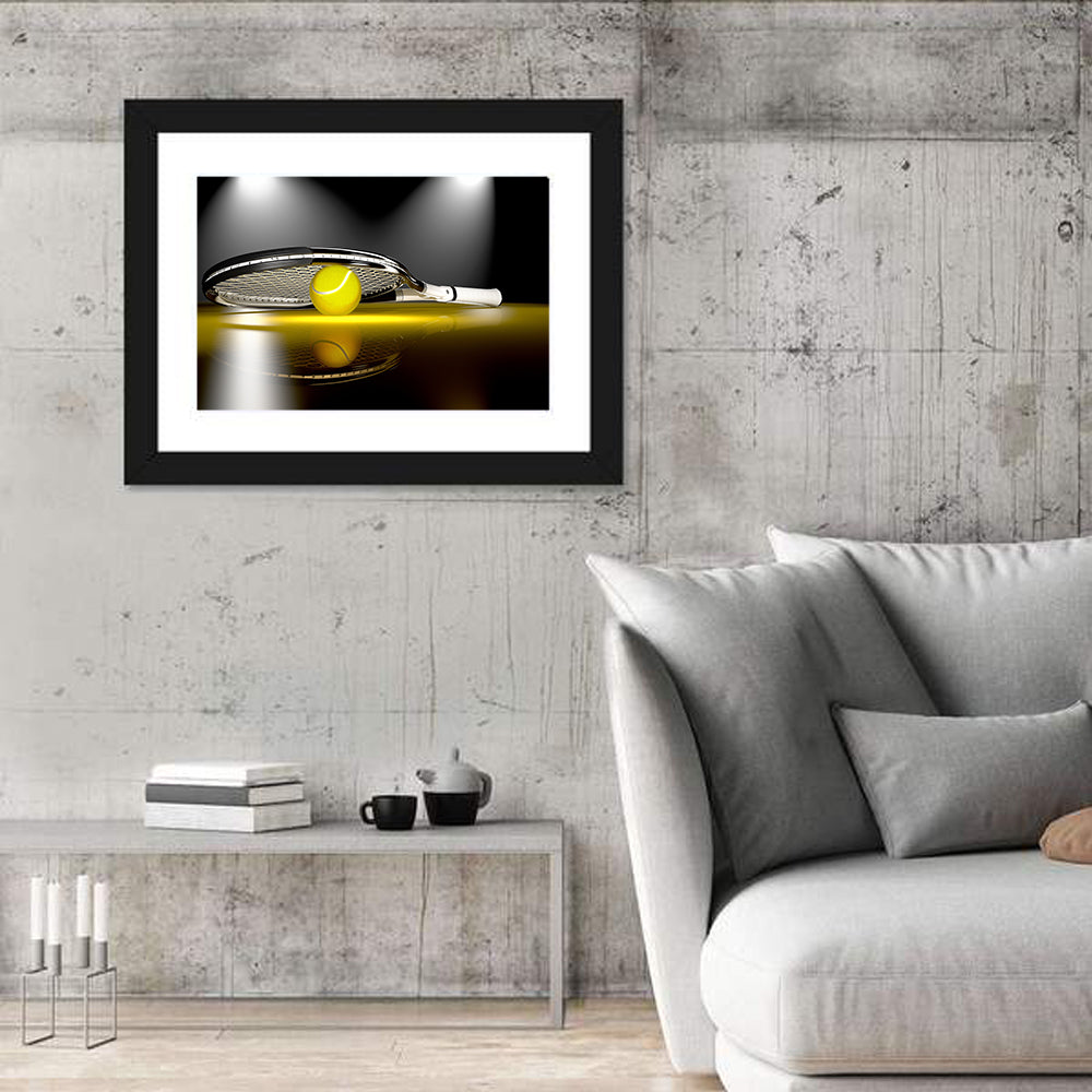 Tennis Racket and Yellow Ball Wall Art in a room, landscape