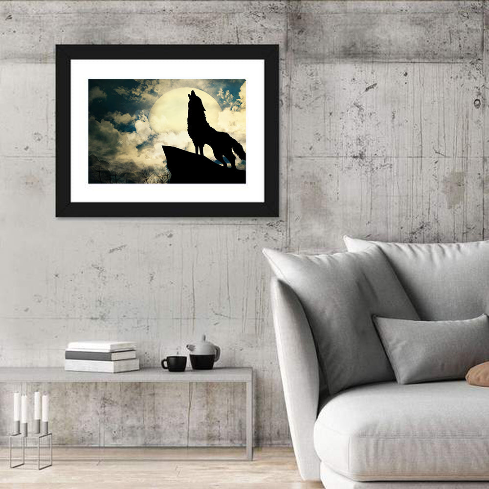 Howling Wolf Silhouette Against Full Moon Wall Art