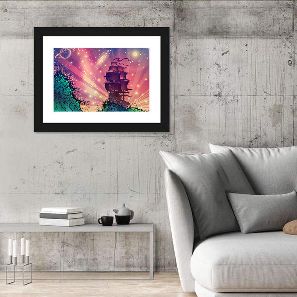 Tall Ship on Cosmic Waves Wall Art in a room, landscape