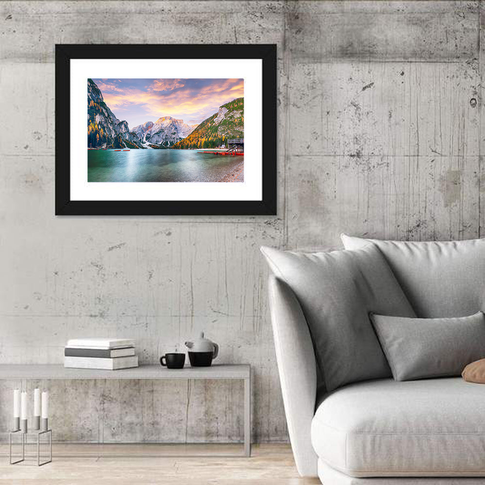 Lago Di Braies Golden Hour Wall Art in a room, landscape