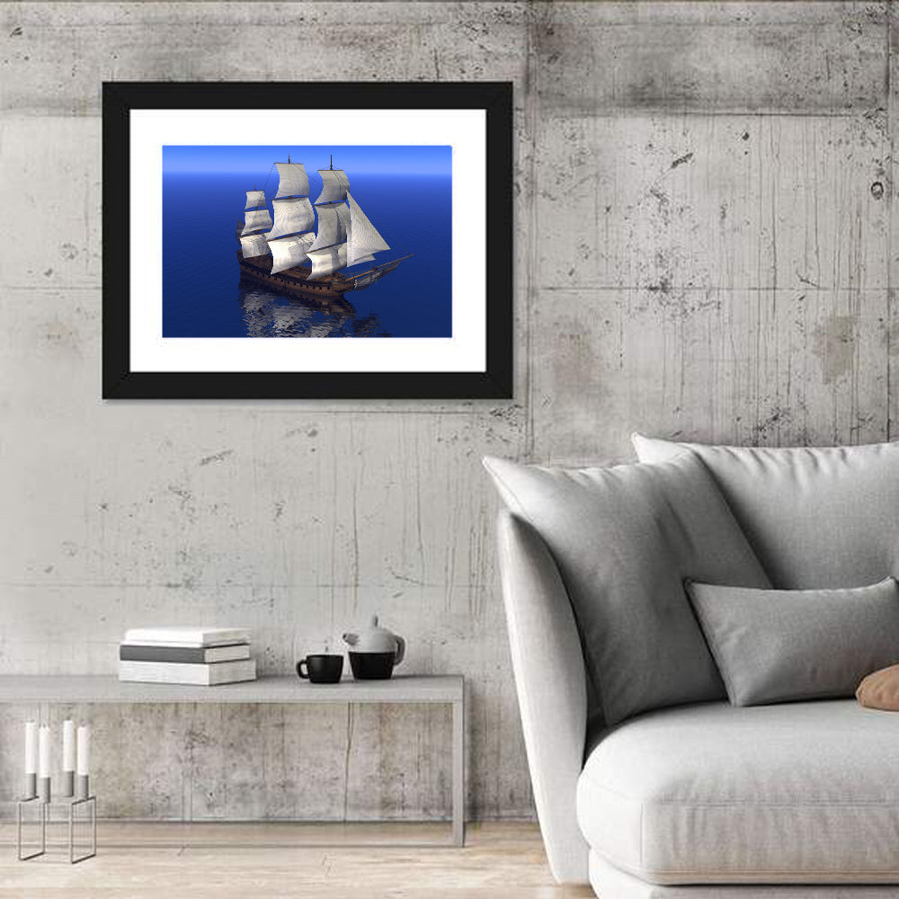 Three-masted Sailing Ship at Sea Wall Art in a room, landscape
