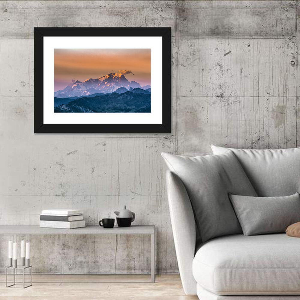 Mont Blanc Alpenglow Sunset Wall Art in a room, landscape