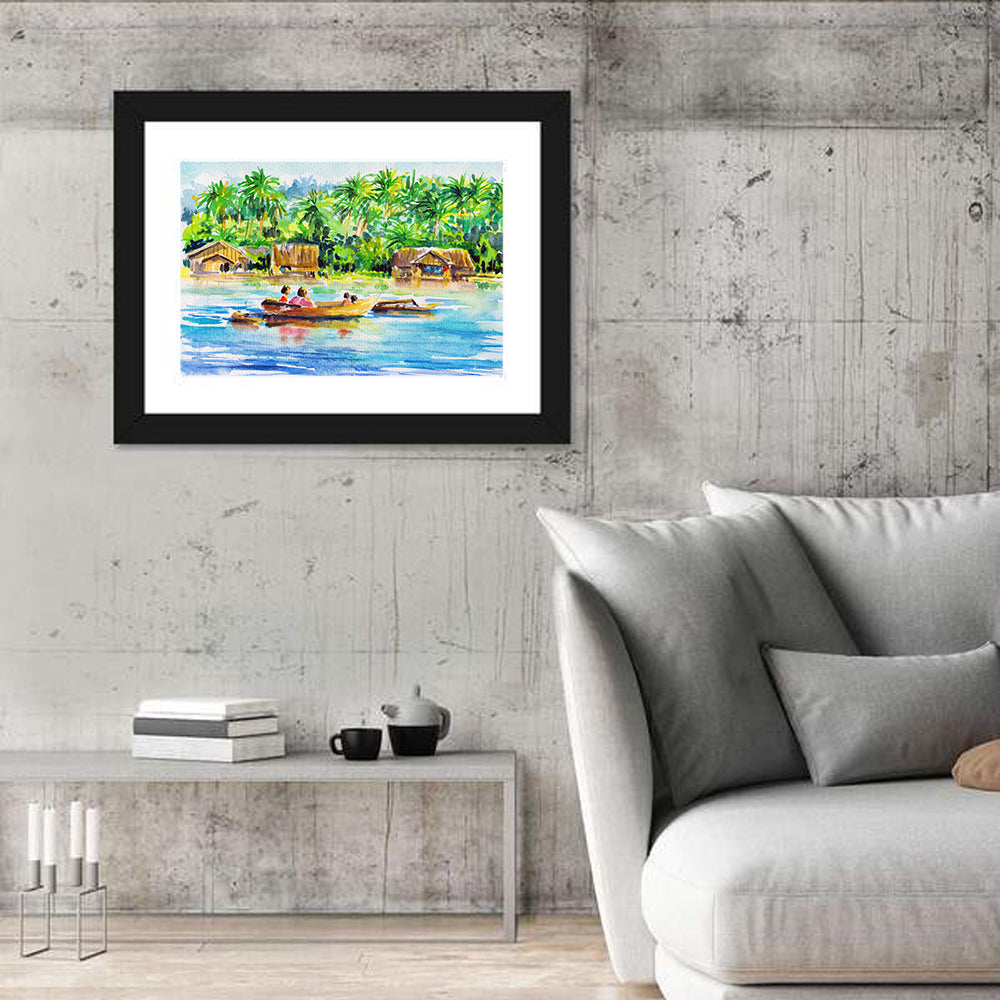 Boat in Tropical Village Wall Art in a room, landscape