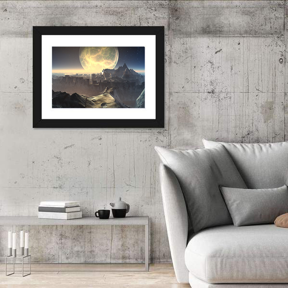 Moonlit Alien City Ruins Wall Art in a room, landscape