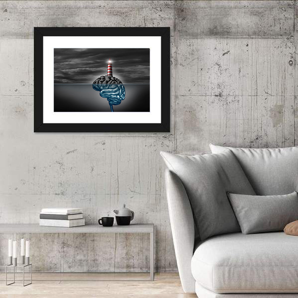 Surreal Brain Lighthouse Wall Art in a room, landscape