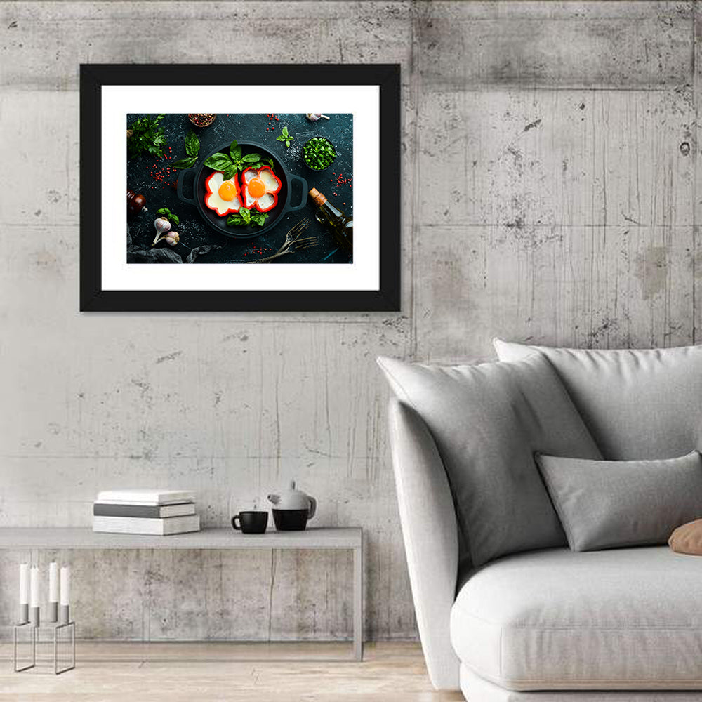 Cast Iron Fried Eggs with Sweet Pepper Wall Art in a room, landscape