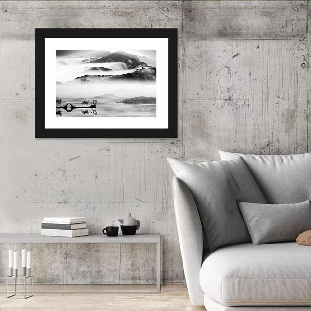 Misty Chinese Lake with Bridge Wall Art