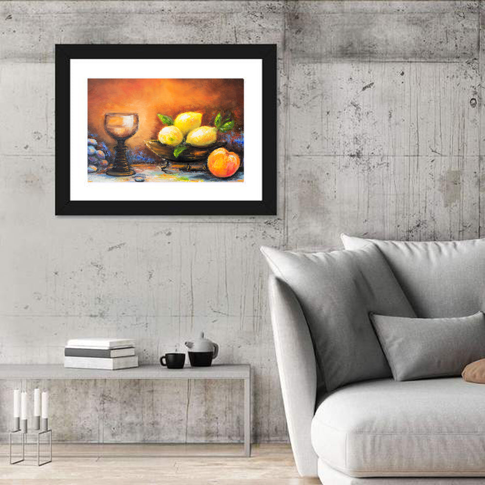 Lemons and Peach Still Life Wall Art in a room, landscape
