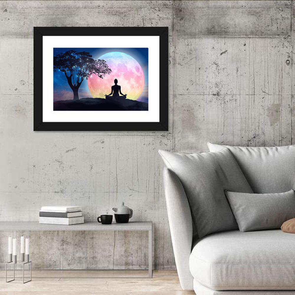 Lotus Pose Moon Silhouette Wall Art in a room, landscape