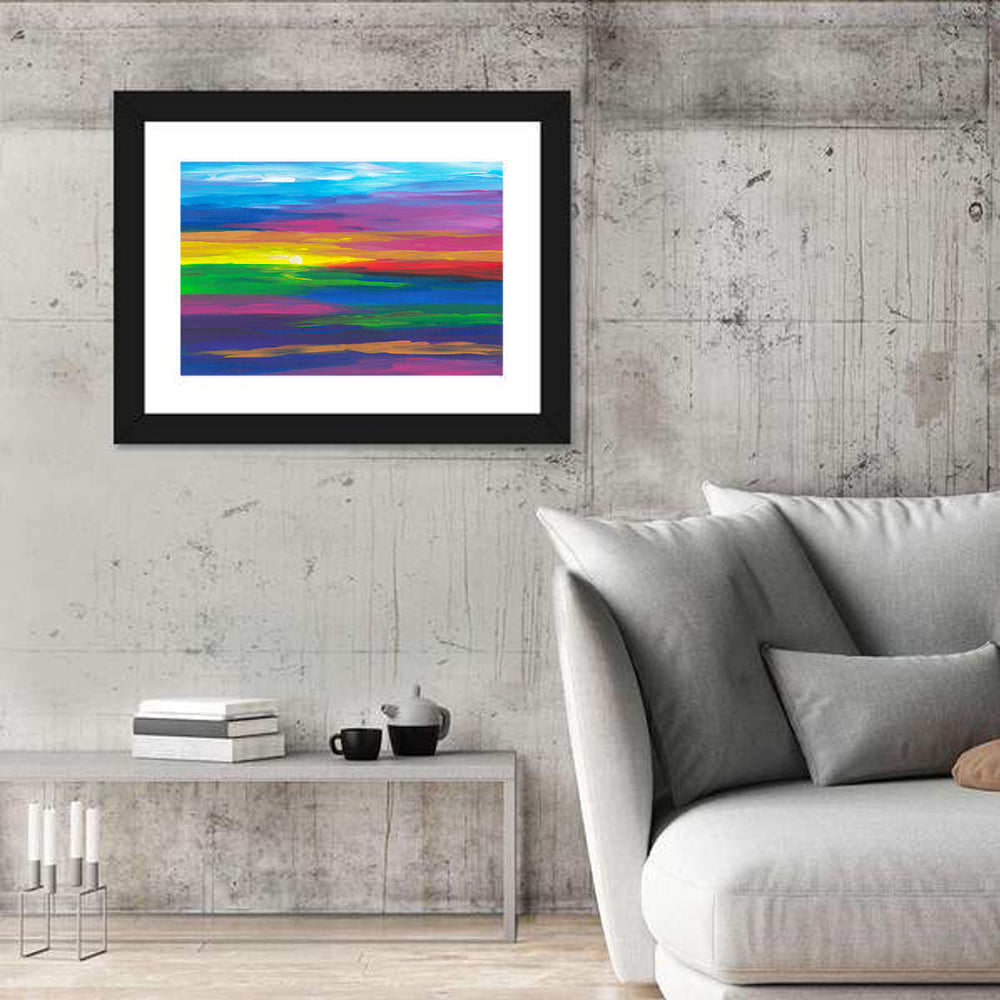Colorful Abstract Sunset Wall Art in a room, landscape