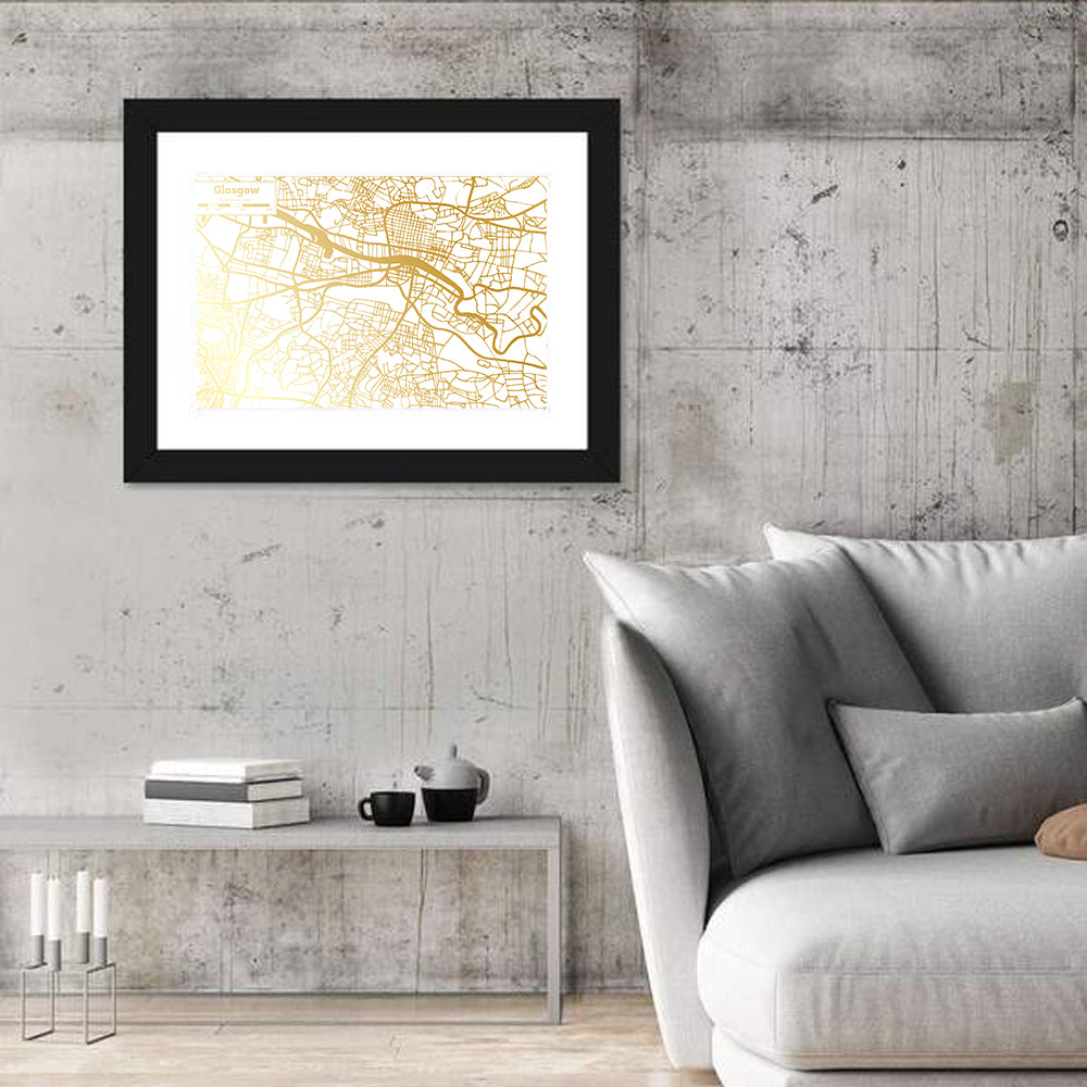 Glasgow Gold Line Map Wall Art in a room, landscape
