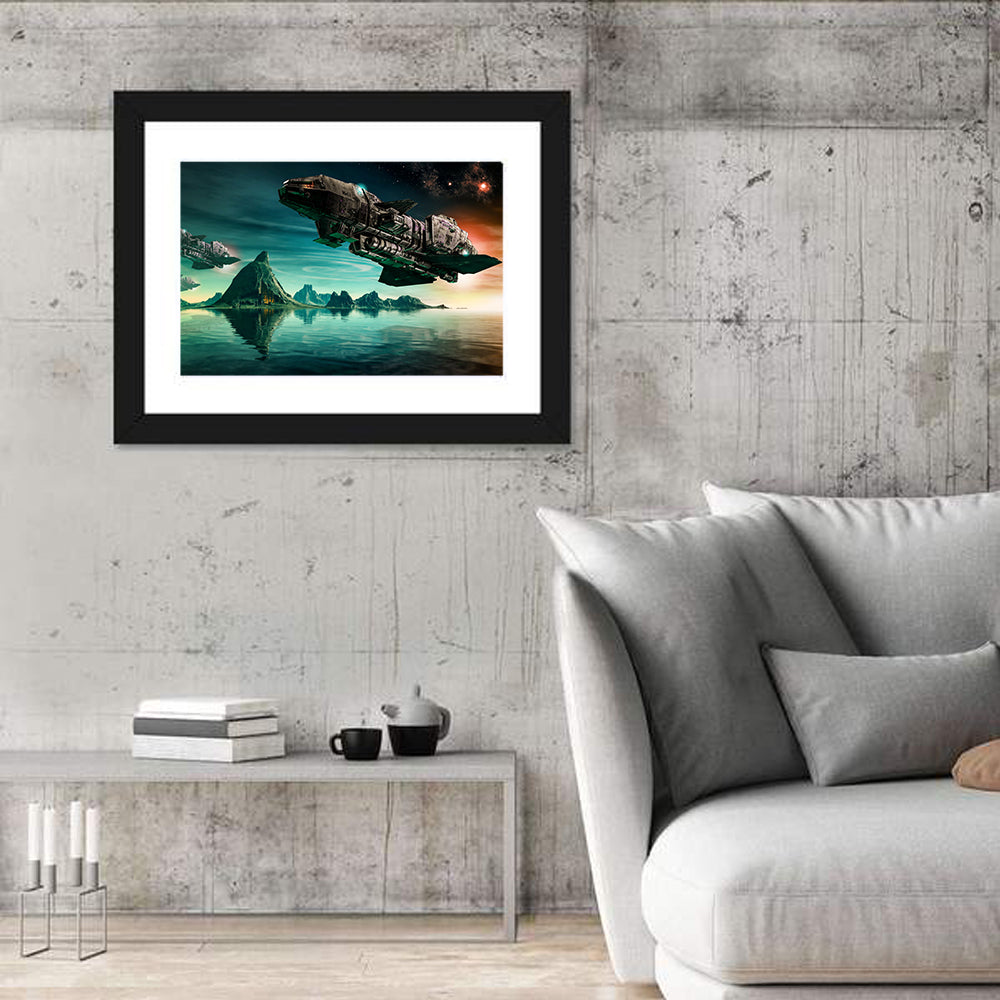 Dusk Battle Spacecraft Over Mountain Lake Wall Art