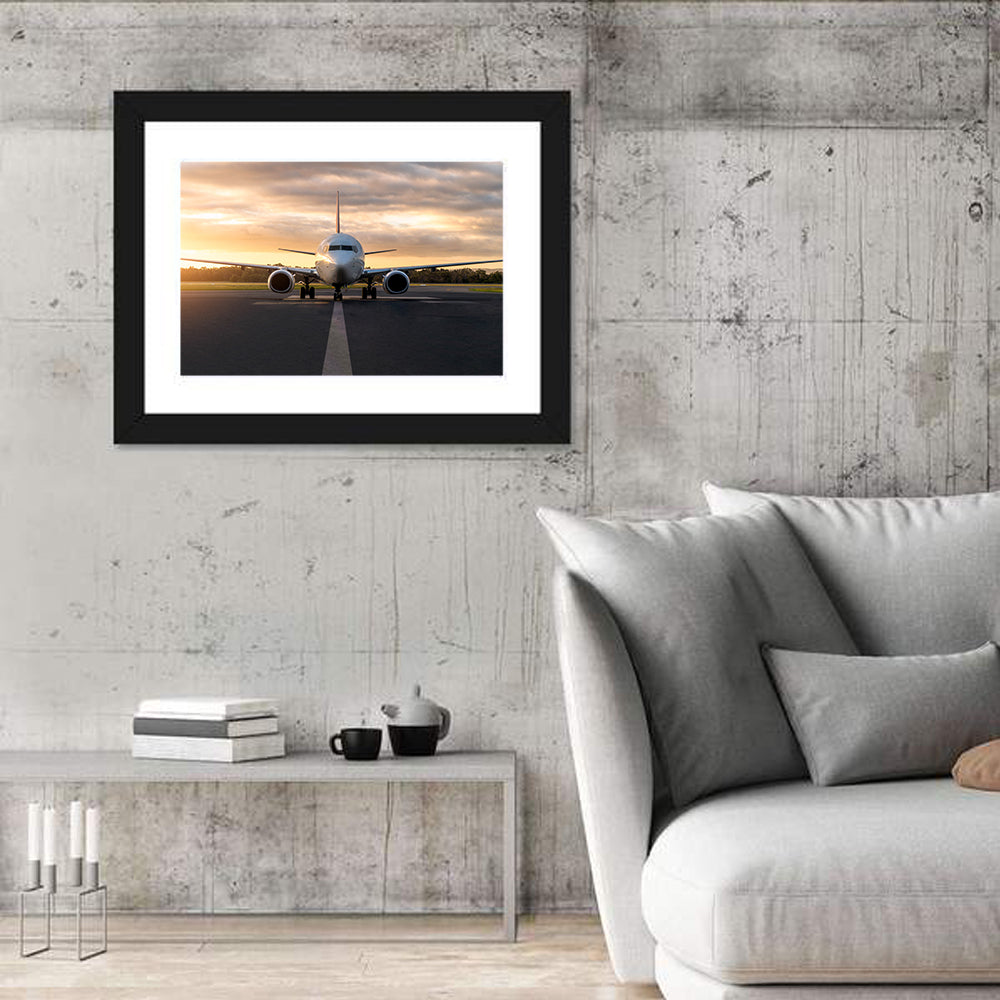 Front Facing Airplane on Runway at Sunset Wall Art in a room, landscape