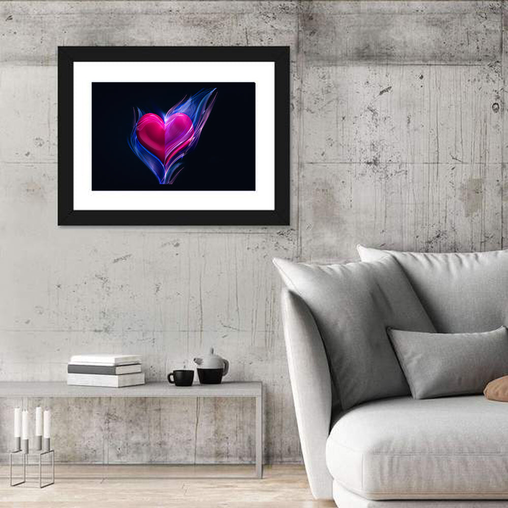 Glowing Pink Heart in Blue Flame Wall Art in a room, landscape