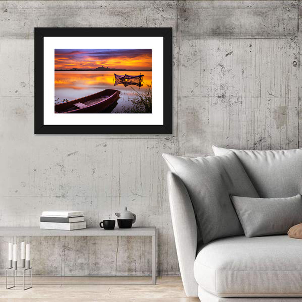 Boat Near Fishing Net at Sunset Wall Art