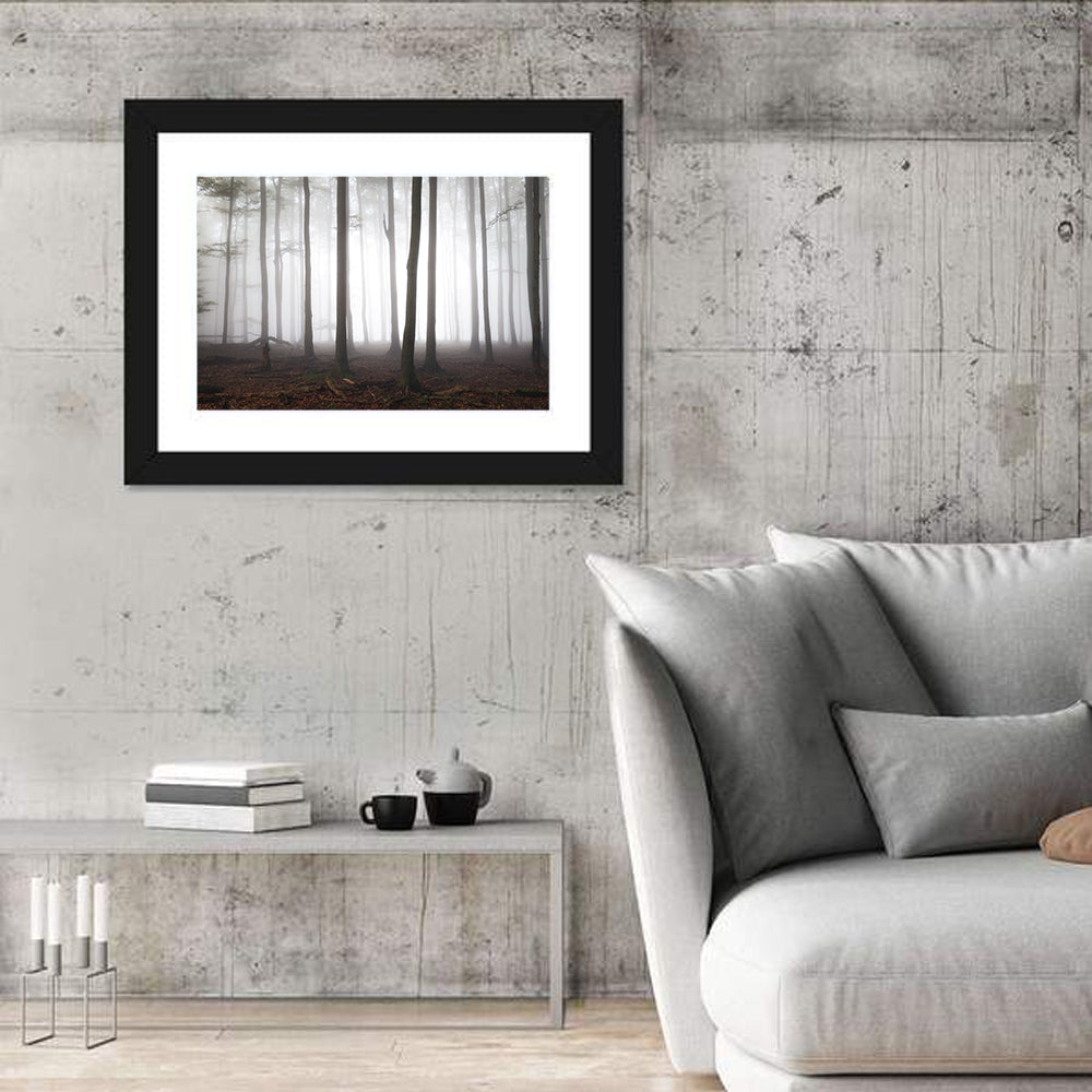 Misty Forest Perspective Wall Art in a room, landscape